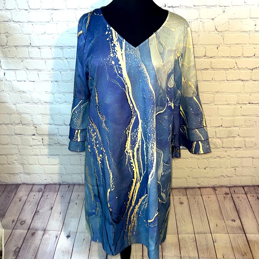 V neck 3/4 layered bell sleeve dress. Brand new with tags. Recycled fabr…